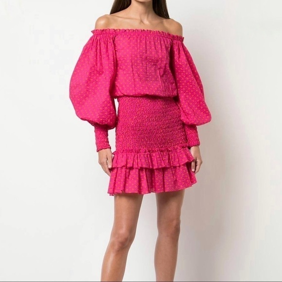 Alexis Marilena Off the Shoulder Mini Dress Pink Cotton Smocked Ruffle - Picture 2 of 6